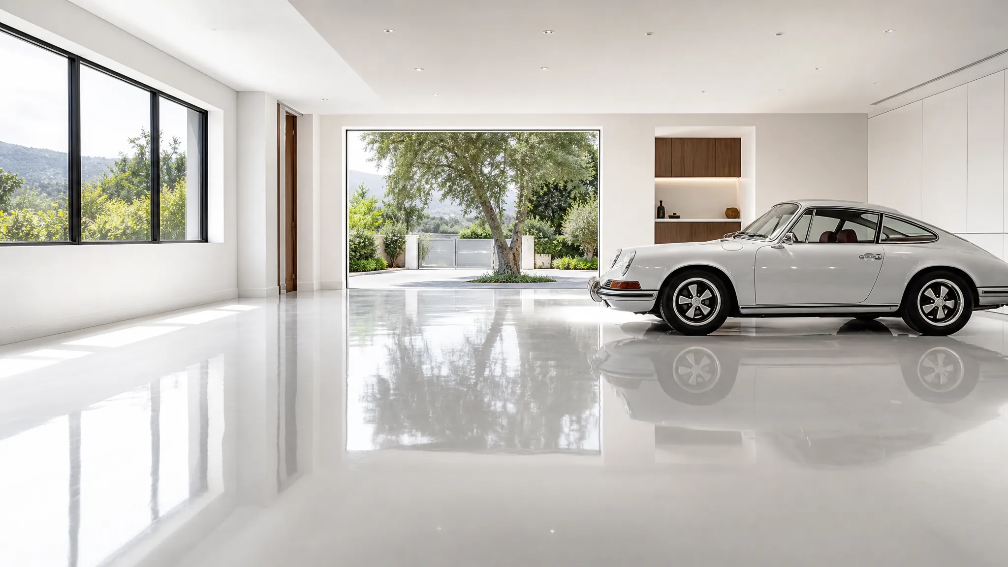Mirror-finish epoxy garage floor in a luxury Bergen County, NJ garage, reflecting a classic sports car