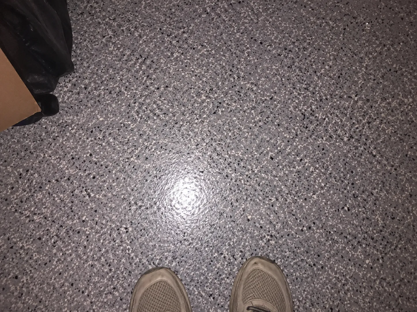 Close-up phone photo of the finished polyaspartic floor coating texture
